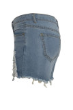 Blue Denim Zipper Fly Button Fly High washing Hole Zippered Pocket Straight shorts Shorts