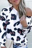 White One Shoulder Collar Long Sleeve Leopard Slim fit Tops