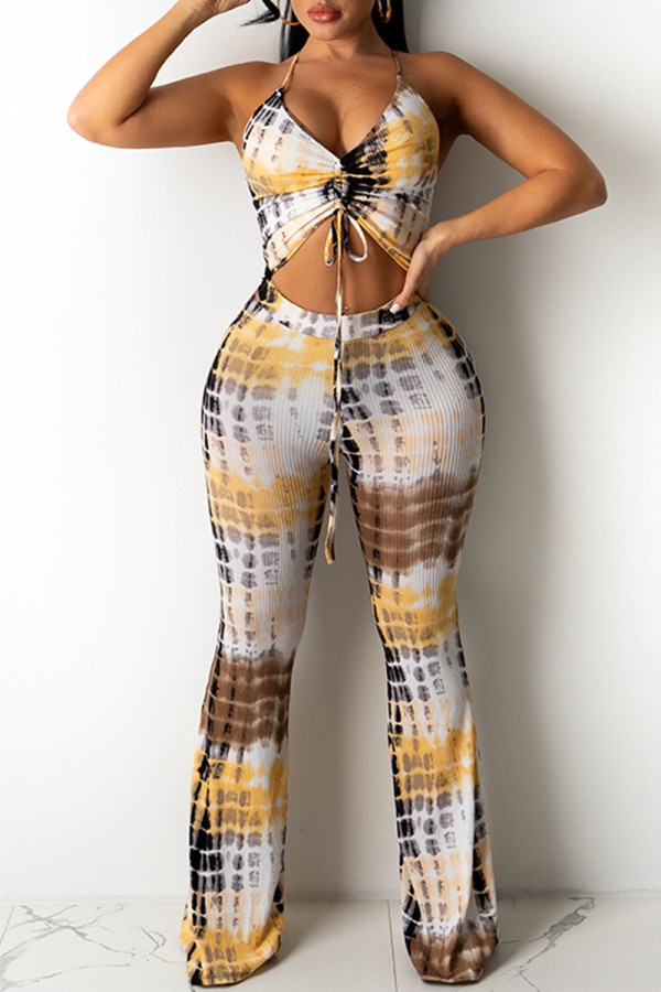 Yellow Fashion Casual Print Backless V Neck Sleeveless Two Pieces