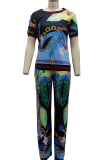 Green Casual Print Patchwork O Neck Short Sleeve Two Pieces