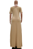 Black Fashion Casual Red Black Khaki Yellow Sky Blue Lake Blue Cap Sleeve Short Sleeves V Neck Swagger Floor-Length Solid Dresses