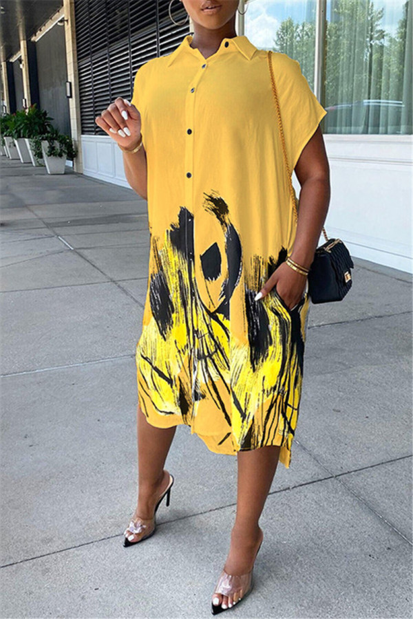 Yellow Fashion Casual Print Asymmetrical Turndown Collar Shirt Dress