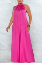 Rose Red Elegant Solid Patchwork Backless Halter Loose Jumpsuits