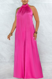 Rose Red Elegant Solid Patchwork Backless Halter Loose Jumpsuits