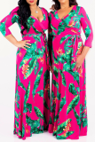 Pink Sexy Print Patchwork V Neck Waist Skirt Dresses