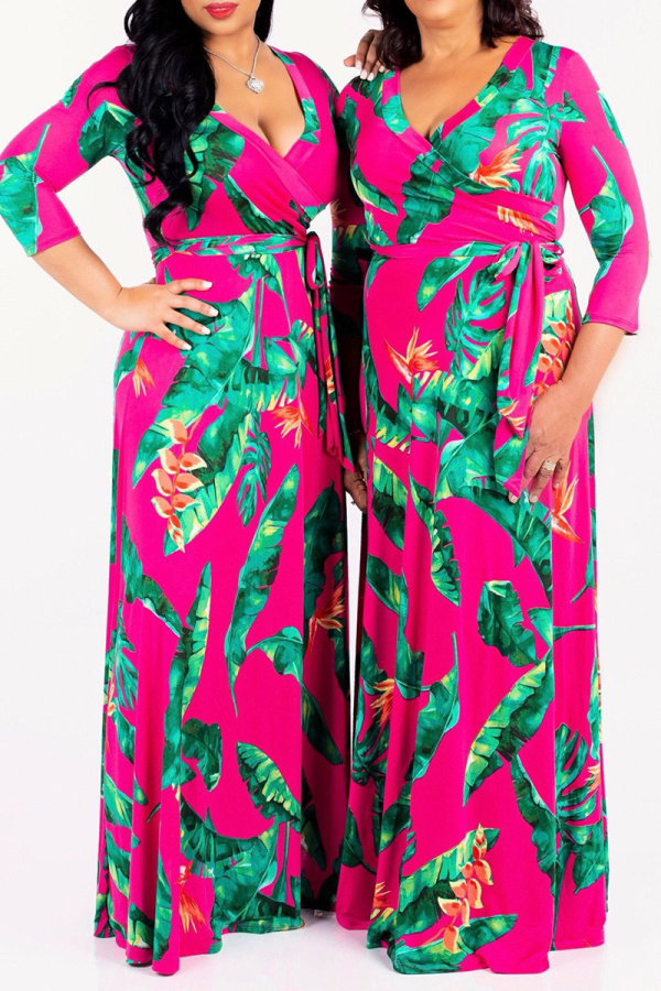 Rose Red Sexy Print Patchwork V Neck Waist Skirt Dresses