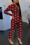 multicolor Fashion Sexy Print zipper Long Sleeve O Neck Jumpsuits