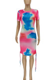 Colour Casual Tie Dye Patchwork Frenulum Fold O Neck Straight Dresses