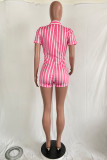 Pink Fashion Sexy Print Patchwork zipper Striped Short Sleeve V Neck 