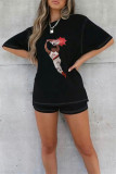 Black Red Fashion Casual Print Basic O Neck Short Sleeve Two Pieces