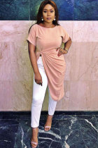 Pink Casual Sexy Fashion Cap Sleeve Short Sleeves O neck Asymmetrical skirt Draped Patchwork So