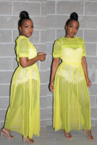 Yellow Casual Fashion Cap Sleeve Half Sleeves O neck Straight Ankle-Length Solid asymmetrical Mes