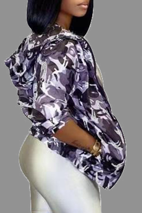 Purple Casual Camouflage Print Patchwork Hooded Collar Outerwear