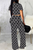 Blue Sexy Print Bandage Patchwork V Neck Short Sleeve Two Pieces