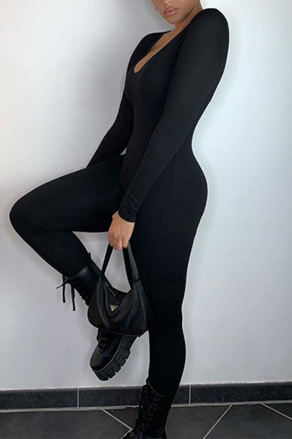 Black Sportswear Solid U Neck Skinny Jumpsuits