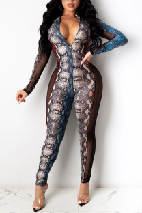 Blue Sexy Print Patchwork Zipper Collar Skinny Jumpsuits