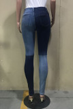 Blue Zipper Fly Mid Patchwork washing Old Zippered pencil Pants Bottoms