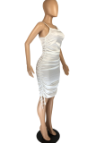 White Sexy Solid Draw String Spaghetti Strap Pencil Skirt Dresses