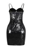 Silver adult Fashion Sexy Spaghetti Strap Sleeveless Slip Step Skirt skirt Sequin Solid Club Dre