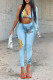 Blue Sexy Print Backless Strap Design V Neck Long Sleeve Two Pieces