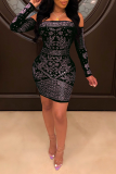 Black Sexy Hot Drilling Patchwork Bateau Neck Pencil Skirt Dresses