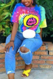 colour Chemical fiber blend O Neck Short Sleeve Print Tie Dye scrawl Tops