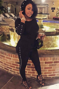 Black Sexy Solid Two Piece Suits Patchwork Beading pencil Long Sleeve Two-piece Pants Set
