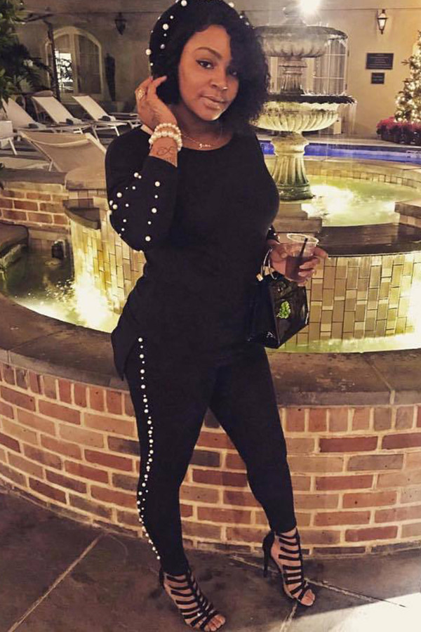 Black Sexy Solid Two Piece Suits Patchwork Beading pencil Long Sleeve Two-piece Pants Set