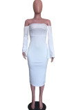 White Sweet Off The Shoulder Long Sleeves One word collar Step Skirt Mid-Calf Solid Dresses