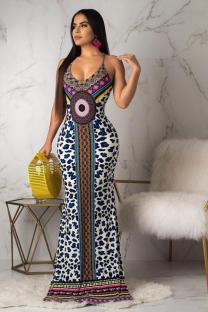 Blue Fashion Sexy Spaghetti Strap Sleeveless Slip Step Skirt Floor-Length Leopard macrame split