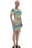 multicolor Sexy Short Sleeves O neck Step Skirt Mini Print bandage Draped Tie and dye Dresses