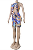 Blue Fashion Sexy Print Hollowed Out Backless Halter Sleeveless Dress
