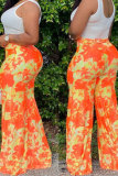 Yellow Pink Yellow Elastic Fly Sleeveless High Patchwork Print Boot Cut Pants Bottoms