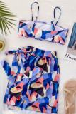 Blue Fashion Sexy Print Backless Swimwears Three-piece Set