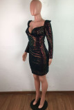 Brown Sexy Street Print Embroidered Sequins Backless V Neck Pencil Skirt Dresses