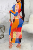 Red Yellow Sexy Print Mesh O Neck Pencil Skirt Dresses