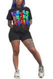 Black Fashion Casual adult Letter Patchwork Print Two Piece Suits Straight Short Sleeve Two Pieces