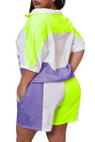 purple Fashion Casual adult Ma'am Turndown Collar Patchwork Zippered Two Piece Suits Zipper Plus Size
