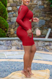 Red Twilled Satin Patchwork Solid Pierced Hollowed Out Patchwork Basic Long Sleeve Mini Wrapped Skirt Dresses