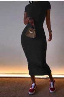 Black Fashion Casual White Red Black Orange Yellow Cyan Cap Sleeve Short Sleeves O neck Pencil Dress Mid-Calf Solid Dresses