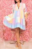 Red Casual Patchwork Tie-dye V Neck Cake Skirt Dresses