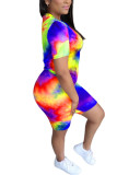 Fluorescent green Spandex Fashion Casual adult Ma'am O Neck Geometric Tie Dye Two Piece Suits Stitching Plus Size 