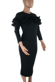 Black Casual Solid Patchwork O Neck Wrapped Skirt Dresses