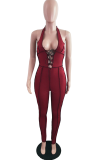 Black Street Solid Draw String V Neck Skinny Jumpsuits