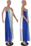 Blue Spaghetti Strap Sleeveless Slip Straight Floor-Length Striped Print Dresses