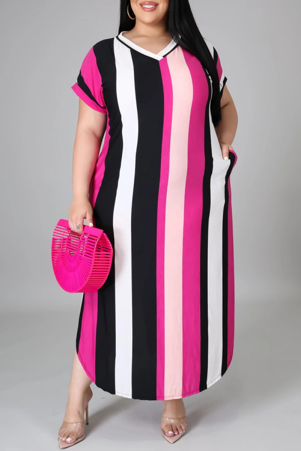 Rose Red Fashion Casual Plus Size Striped Print Slit V Neck Short Sleeve Dress