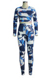 Blue Sexy Adult Twilled Satin Print Tie-dye O Neck Long Sleeve Regular Sleeve Short Two Pieces