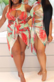 Red Fashion Sexy Print Bandage Hollowed Out Beach Swimwear Set