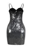 Silver adult Fashion Sexy Spaghetti Strap Sleeveless Slip Step Skirt skirt Sequin Solid Club Dre