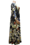 Black knitting Lightly cooked V Neck Print Floral Plus Size 